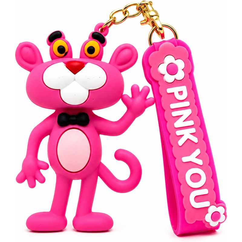 Pink Panther Style Character Keychain with Wrist Strap – Cute Silicone Bag Charm & Keyring
