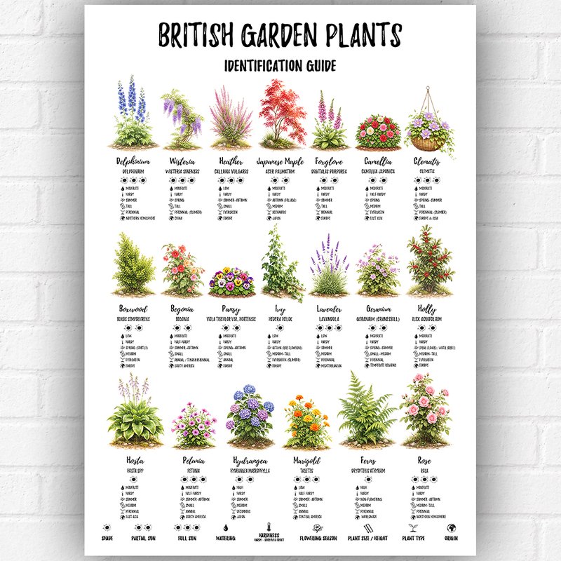 UK Garden Plants Poster A3 – Garden Flower Identification Chart – Outdoor Plant Guide