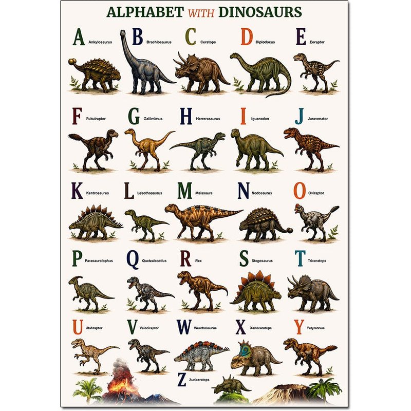 Alphabet with Dinosaurs Poster A3 | ABC Learning Chart for Kids | Educational, Bedroom & Classroom Wall Art