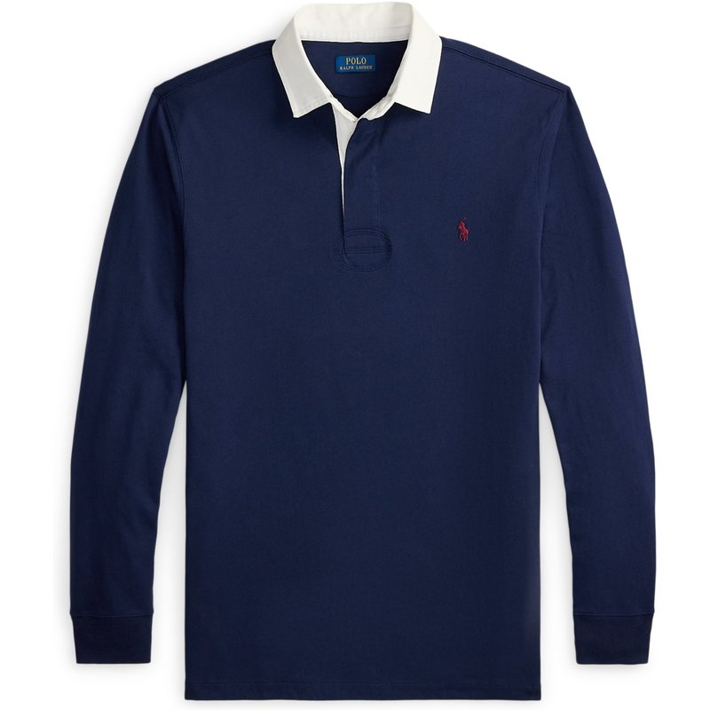 Polo Ralph Lauren Unifarbenes Rugby-Shirt mit Kontrastkargen und Poloreiter-Stickerei