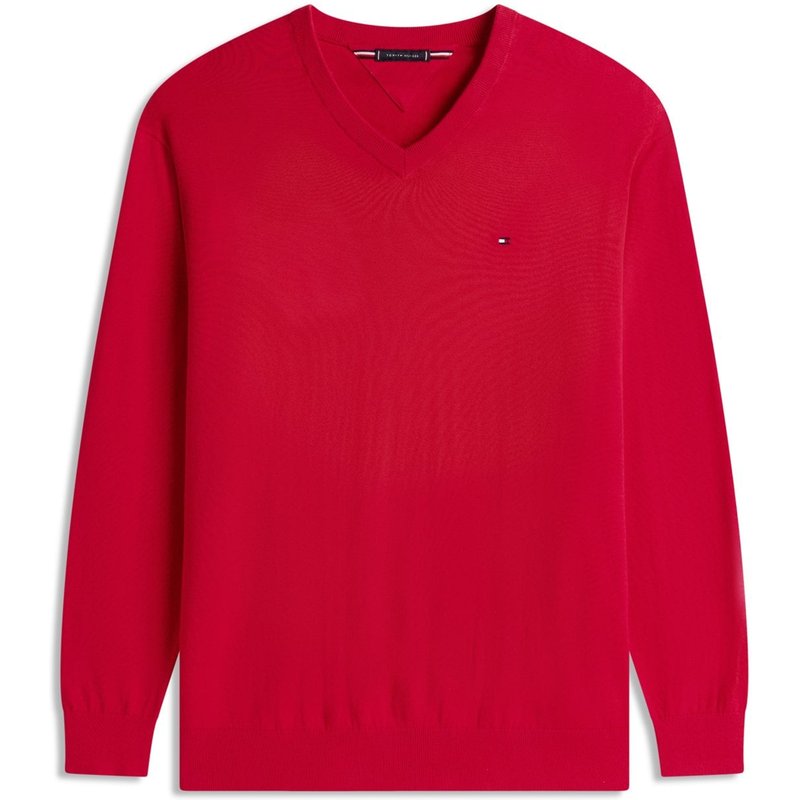 Tommy Hilfiger Pullover aus Baumwolle mit V-Ausschnitt und Logo-Aufnäher