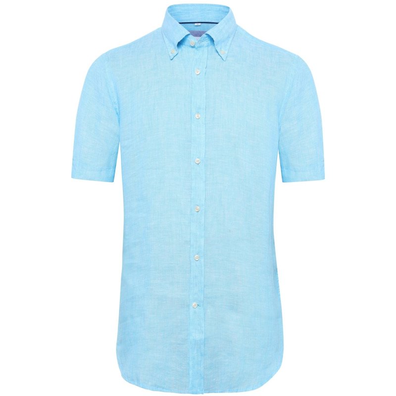 Tom Rusborg Unifarbenes Leinenkurzarmhemd mit Button Down-Kragen