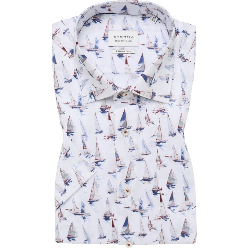 Eterna Kurzarmhemd aus Baumwolle mit Segelboot-Print, Comfort Fit