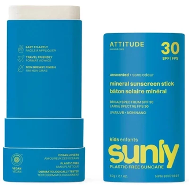 Attitude Sunly Kids Mineral Sunscreen Stick SPF 30 Unscented 60g