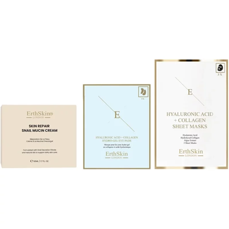 Erth Skin London Skin Repair Snail Mucin Cream 50ml + Hyaluronic Acid + Collagen Hydrogel Eye Pads 5 X 2 + Hyaluronic Acid & Collagen Mask (3 Sheets)