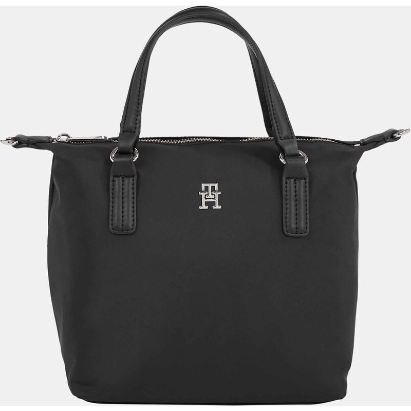Tommy Hilfiger - Tote pequeño de tejido reciclado en negro con logo TH y cremallera.