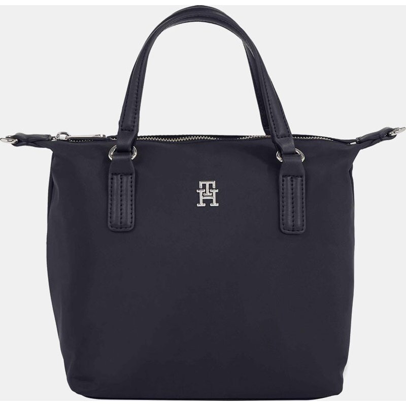 Tommy Hilfiger - Tote pequeño de tejido reciclado en azul marino con logo TH y cremallera.