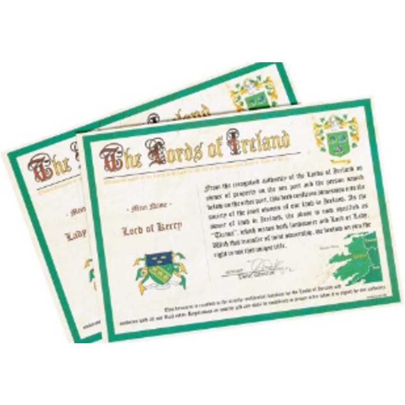 Irish Lord or Ladyship Title for 1, 2 or 4 People - Shared Land Ownership, Digital & Printed Certificate Options - Irish Lords - Ideal Gift Experience