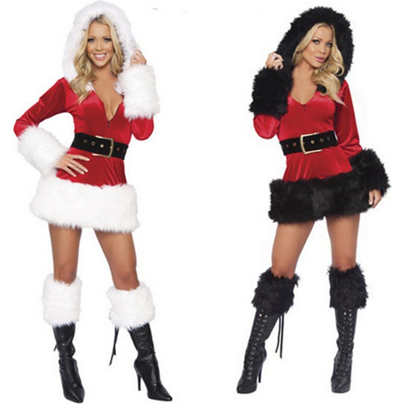Women's Sexy Santa Belted Mini Dress - Polyester Party Fancy Dress, UK 6-12, White or Black | Wowcher