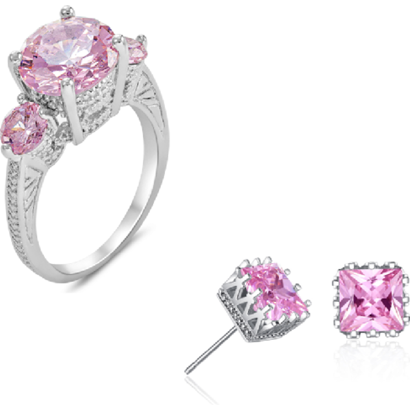 Exquisite 3 Stone Cubic Zirconia Ring & Earrings Set - Gold or Silver Plated, 2-Piece Jewellery Gift | Wowcher