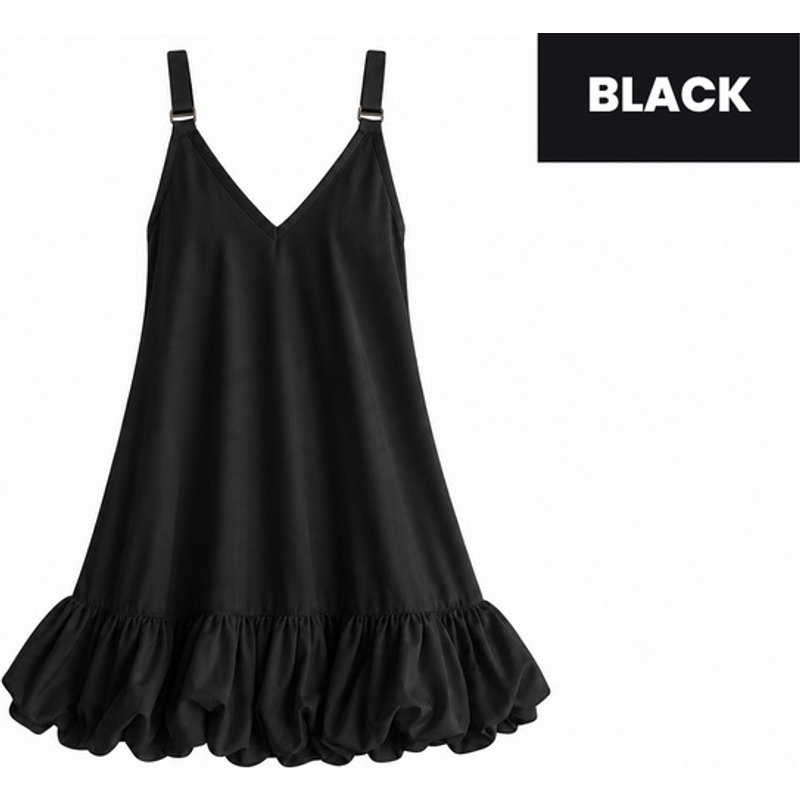 Women's Black - M: Pleated Ruffle Strap A-Line Mini Dress | Wowcher