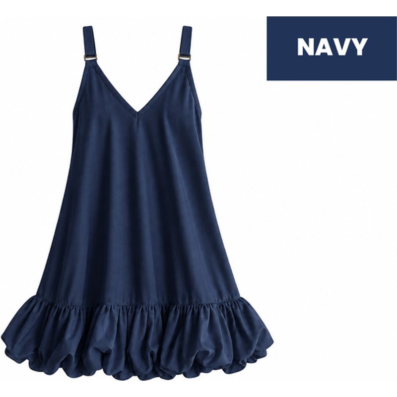 Women's Navy - S: Pleated Ruffle Strap A-Line Mini Dress | Wowcher