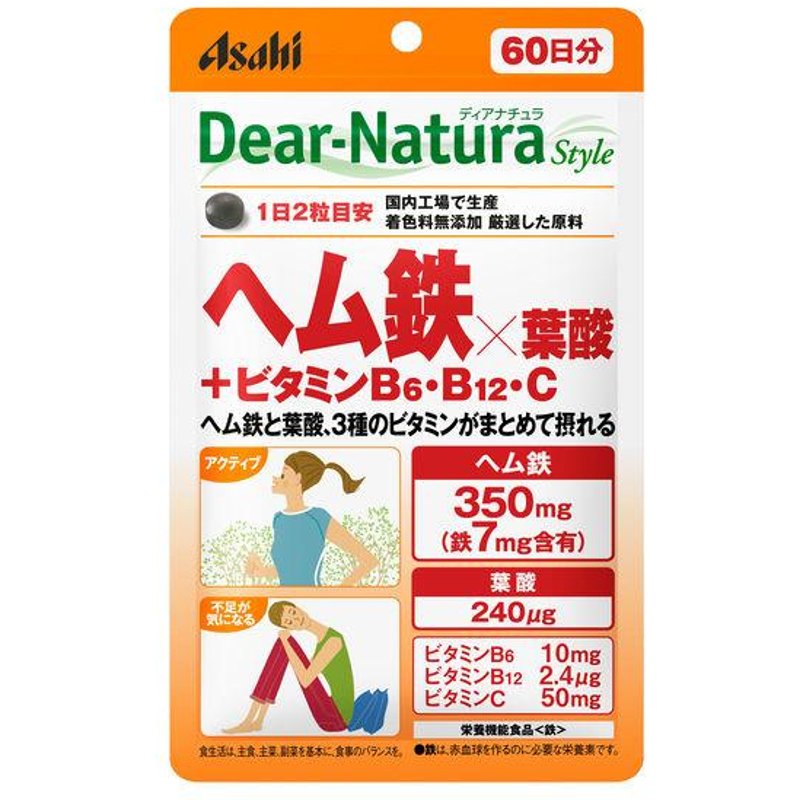Asahi - Dear Natura Style Fer héminique X Acide folique + Vitamines B6, B12, C 60 jours d'approvisionnement - 120 tablets