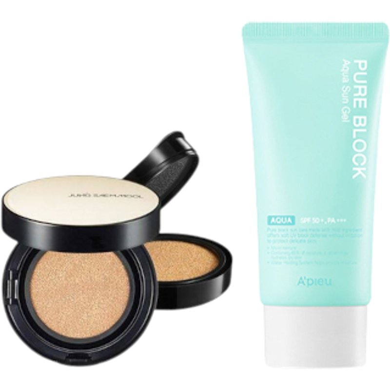 A'PIEU - Pure Block Aqua Sun Gel SPF50+ PA+++ X Jung Saem Mool - Essential Skin Nuder Long Wear Cushion - 14g +14g - Light