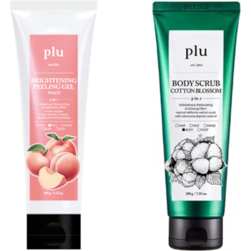 plu - Brightening Peeling Gel Peach - 100g (1ea) & Body Scrub - 200g - Cotton Blossom (1ea) Set