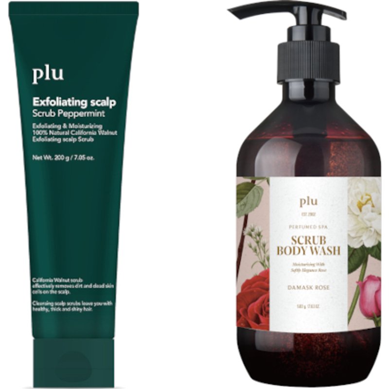plu - Exfoliating Scalp Scrub Peppermint - 200g (1ea) & Perfumed Spa Scrub Body Wash - 500g - Damask Rose (1ea) Set