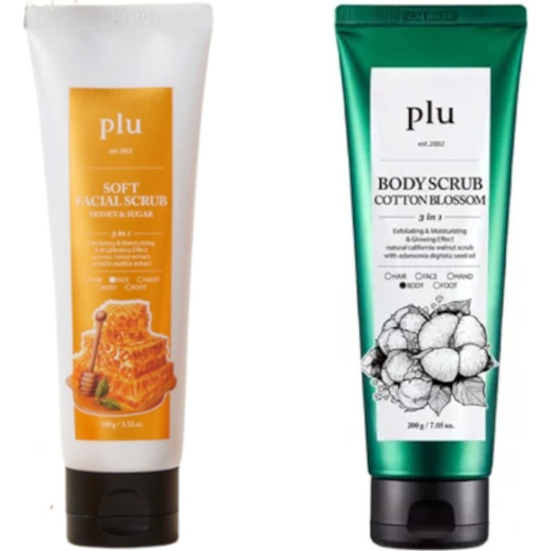 plu - Soft Facial Scrub Honey & Sugar - 100g (1ea) & Body Scrub - 200g - Cotton Blossom (1ea) Set