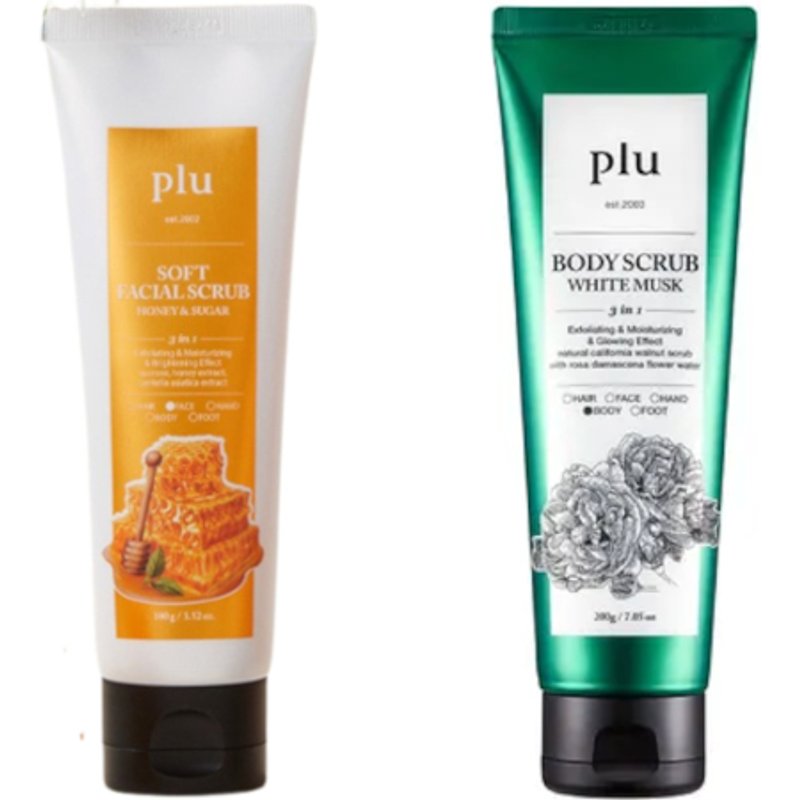 plu - Soft Facial Scrub Honey & Sugar - 100g (1ea) & Body Scrub - 200g - White Musk (1ea) Set