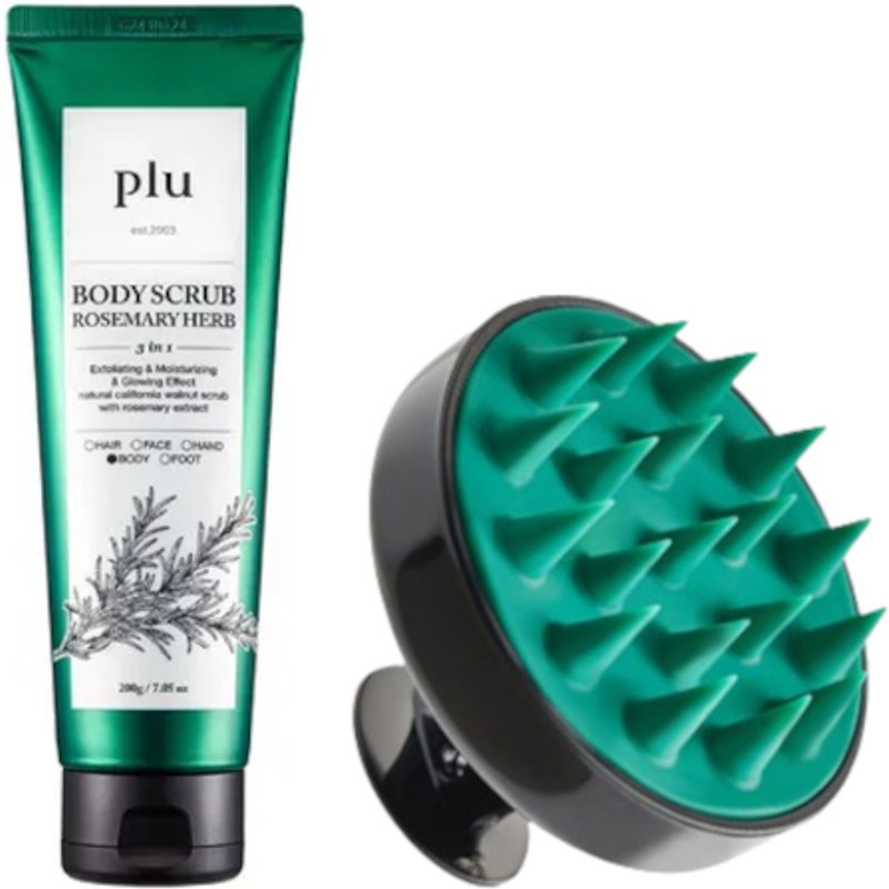 plu - Theraphy Scalp Scaling Scrub Brush - 1pc & Body Scrub - 200g - Rosemary Herb (1ea) Set
