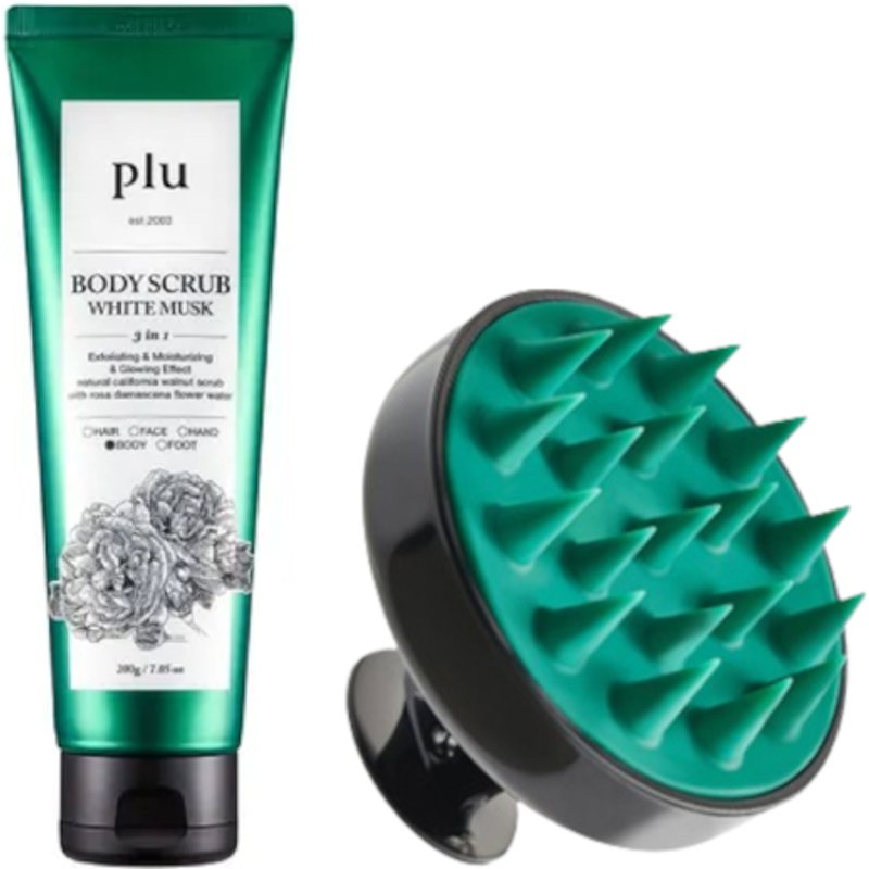 plu - Theraphy Scalp Scaling Scrub Brush - 1pc & Body Scrub - 200g - White Musk (1ea) Set