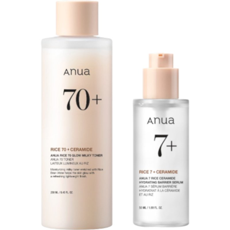 ANUA - Rice 70 Glow Milky Toner - 250ml (1ea) + 7 Rice Ceramide Hydrating Barrier Serum - 50ml (1ea) Set