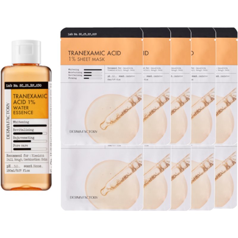 DERMA FACTORY - Tranexamic Acid 1% Water Essence - 150ml & 1% Sheet Mask - 10pcs Set