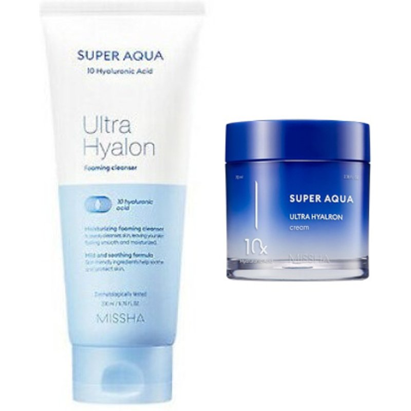 MISSHA - Super Aqua Ultra Hyalon Foaming Cleanser - 200ml (1ea) + Hyalron Cream - 70ml (1ea) Set