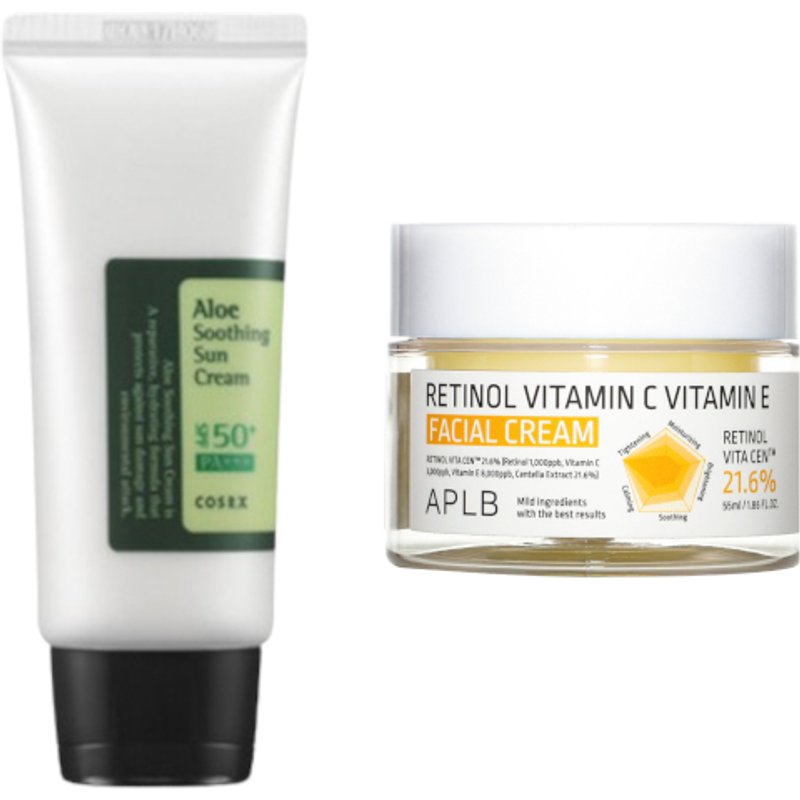 COSRX - Aloe Soothing Sun Cream SPF50+ PA+++ - 50ml + APLB - Retinol Vitamin C Vitamin E Facial Cream - 55ml Set