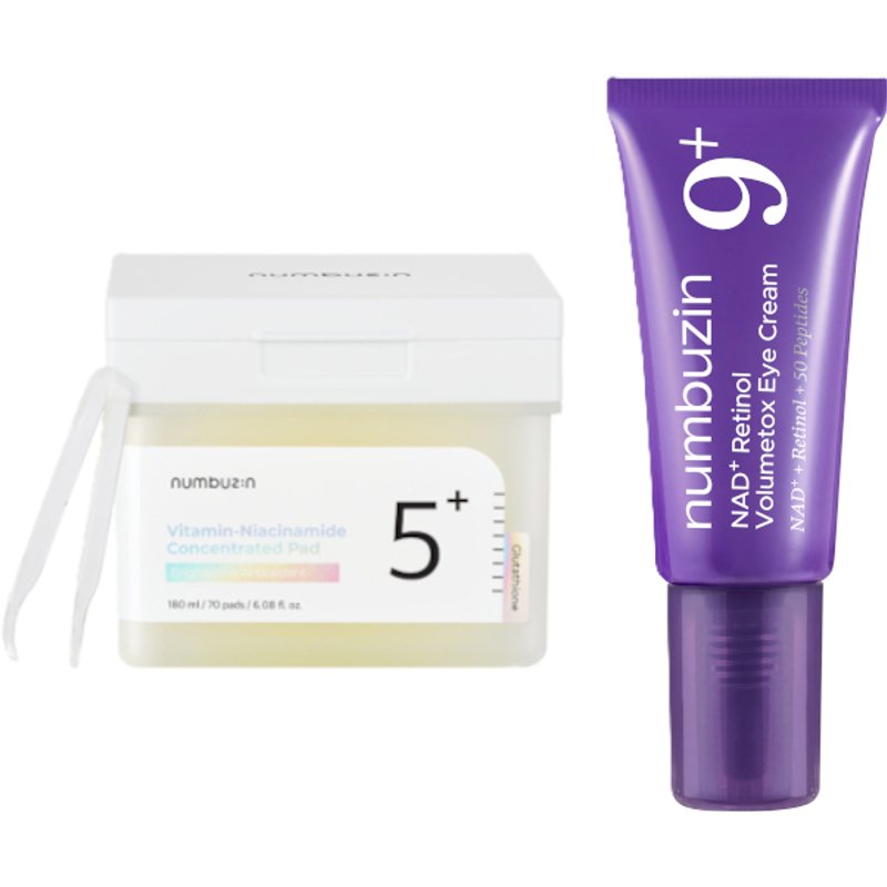 numbuzin - No.5+ Glutathione Vitamin Concentrated Toner Pad - 180ml/70pads (1ea) & No.9 NAD+ Retinol Volumetox Eye Cream - 5ml