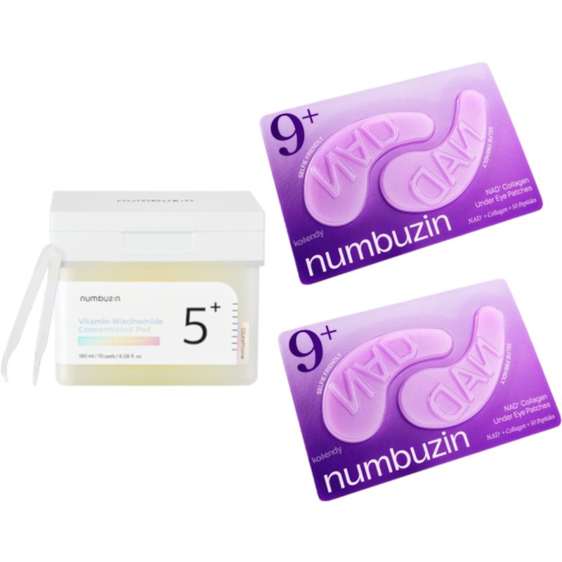 numbuzin - No.5+ Glutathione Vitamin Concentrated Toner Pad - 180ml/70pads (1ea) & No.9 NAD+ Collagen Under Eye Patches - 2ea Set