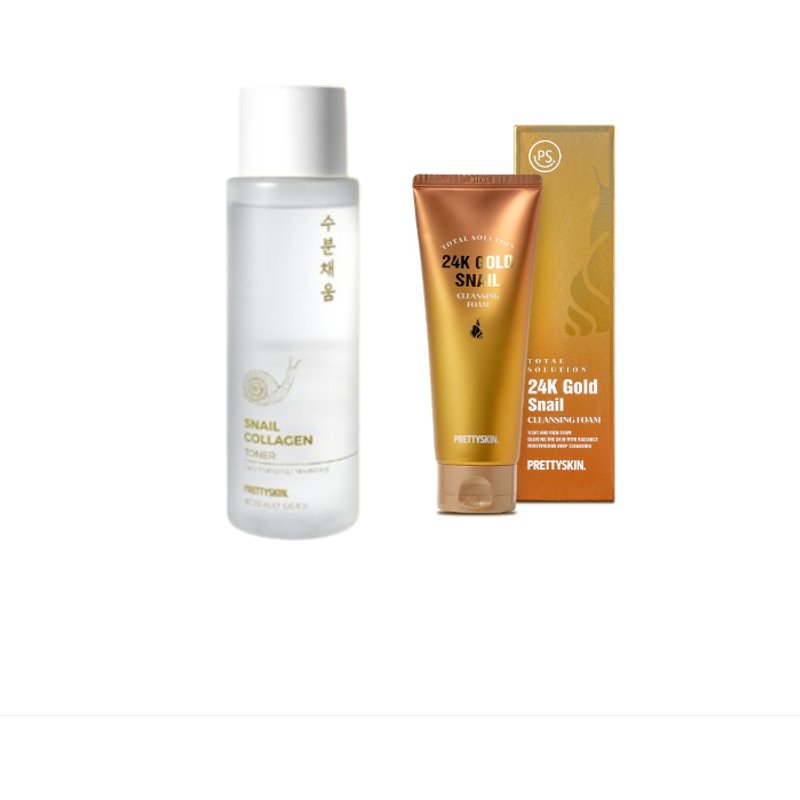 PRETTYSKIN - Snail Collagen Toner - 250ml (1ea) + Total Solution 24K Gold Snail Cleansing Foam - 150ml (1ea) Set