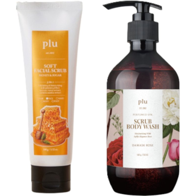 plu - Soft Facial Scrub Honey & Sugar - 100g (1ea) & Perfumed Spa Scrub Body Wash - 500g - Damask Rose (1ea) Set