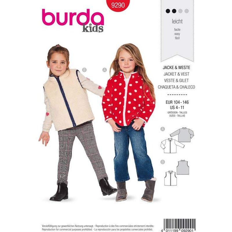 Patron Burda 9290 - Veste gilet avec fermeture à glissière bords gansés