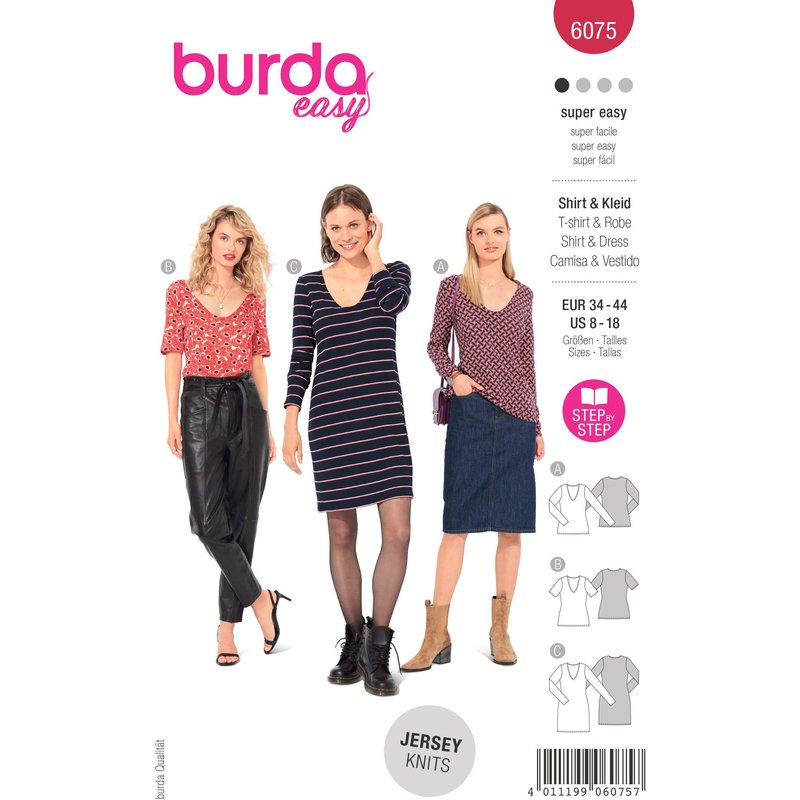 Patron Burda 6075 - T-shirt, robe – forme droite avec encolure en V