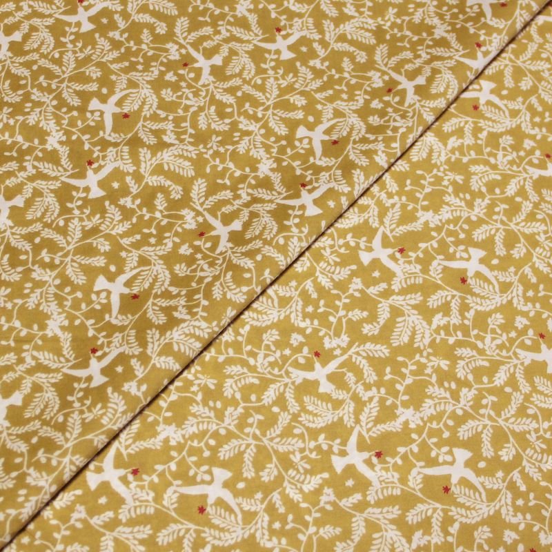 Percale 100% coton peigné luxe - Oiseau & feuillage fond moutarde
