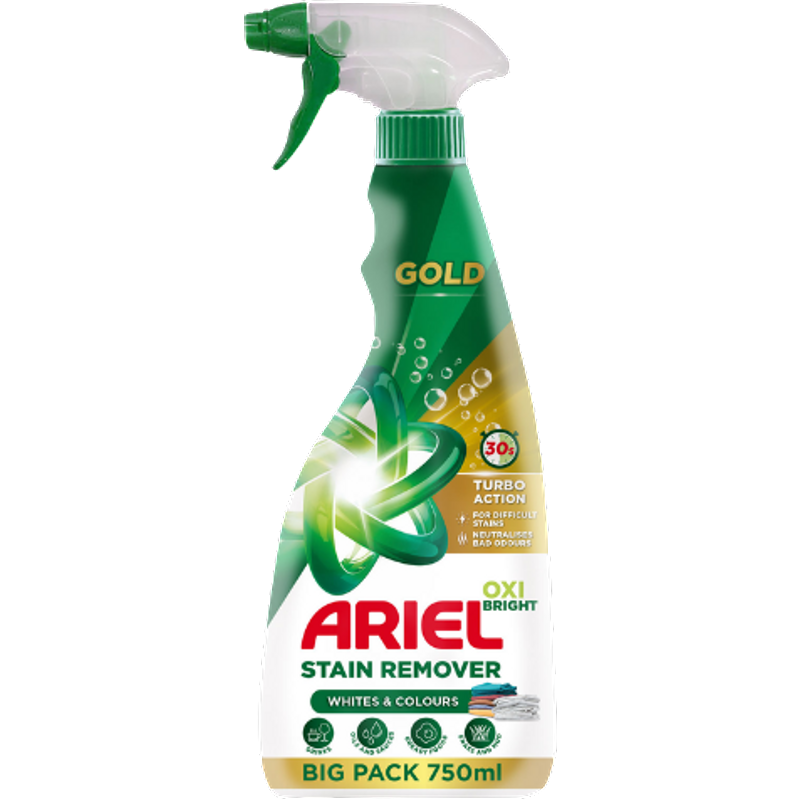 Ariel Oxi Bright Gold Laundry Stain Remover Spray for Whites & Colours - 750 ml
