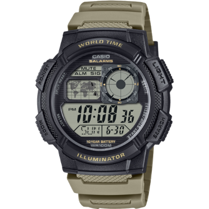 Casio Youth AE-1000W-5AVEF World Time Orologio Digitale Sportivo da Uomo - Cinturino Verde Oliva in Resina