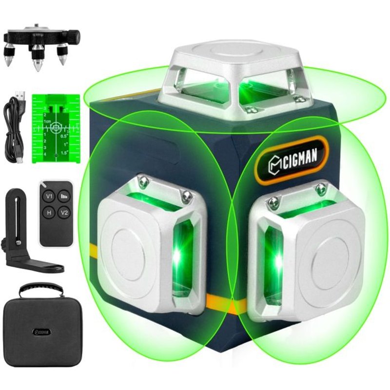 CIGMAN CM-701 3x360° Laser Level Self Leveling 3D Green Cross Line for Construction and Picture Hanging, Rechargeable battery, Remote Controller, Magnetic Rotating Stand Included 【EU Fast Delivery & Save $20 Off with Exclusive Code】