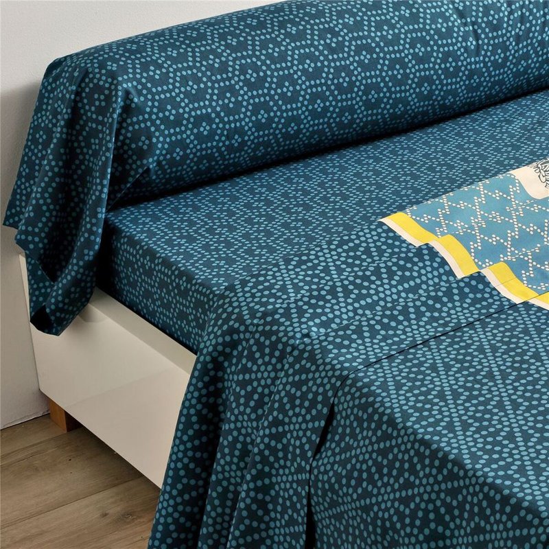 Drap plat rayures et petit micro-motif bleu variés