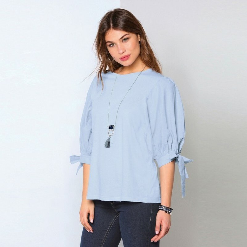 Tee-shirt manches 3/4 bouffantes rubans noués femme - Bleu Ciel en coton