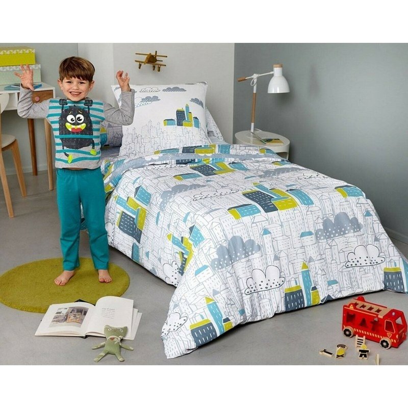 Taie lit enfant buildings et nuages - BECQUET CRÉATION - Bleu
