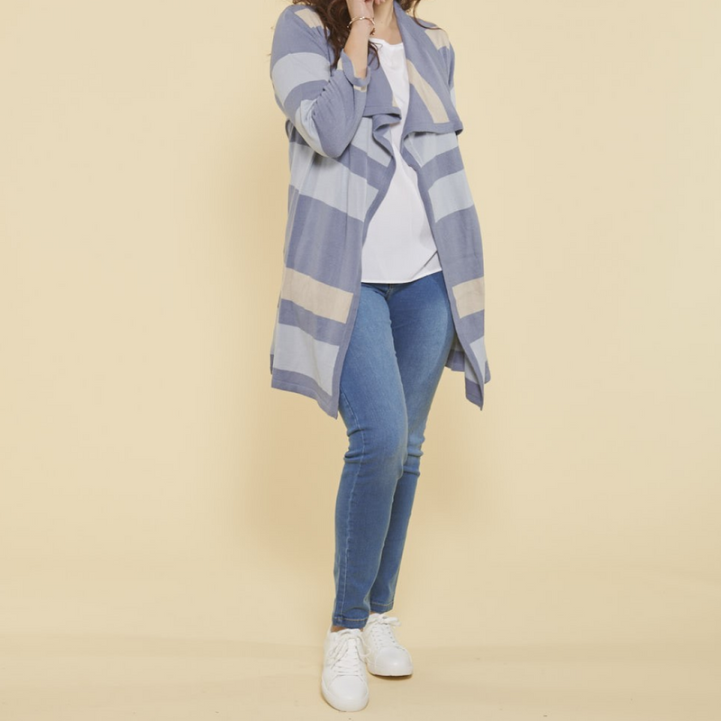 Gilet long rayé col à revers manches longues femme - Rayé Bleu Clair