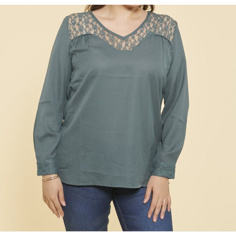 Blouse manches longues col V et poignets avec dentelle grandes tailles femme - Vert Bouteille
