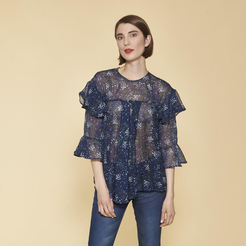 Blouse semi-transparente manches 3/4 volants ouverture dos femme - Imprimé Bleu Marine