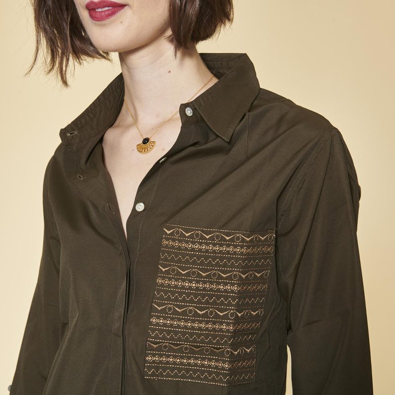 Chemise asymétrique fendue boutons latéraux manches longues femme - Kaki