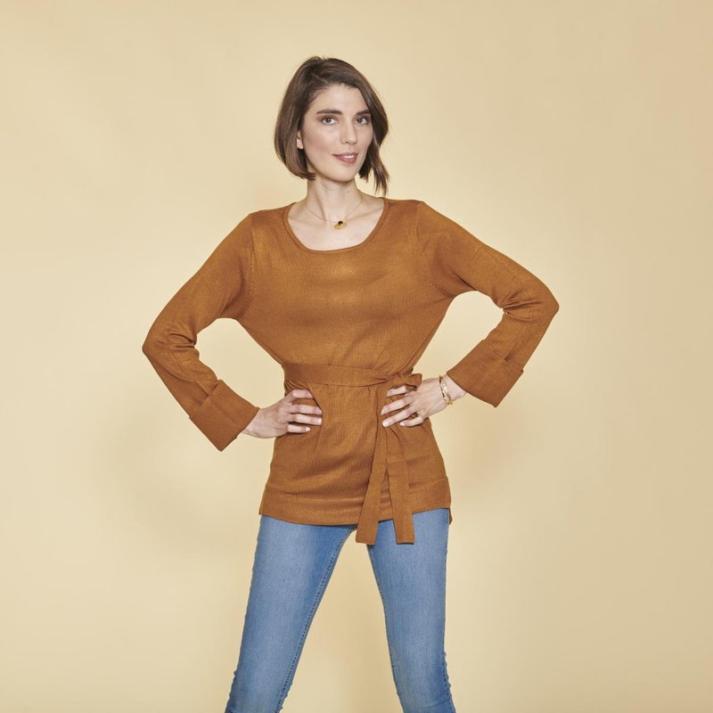 Pull asymétrique col bateau manches longues et ceinture femme - Marron en viscose