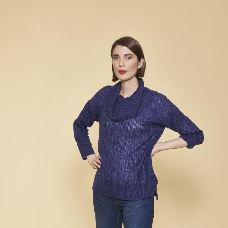 Pull oversize fendu et asymétrique col roulé manches longues femme - Bleu Dur