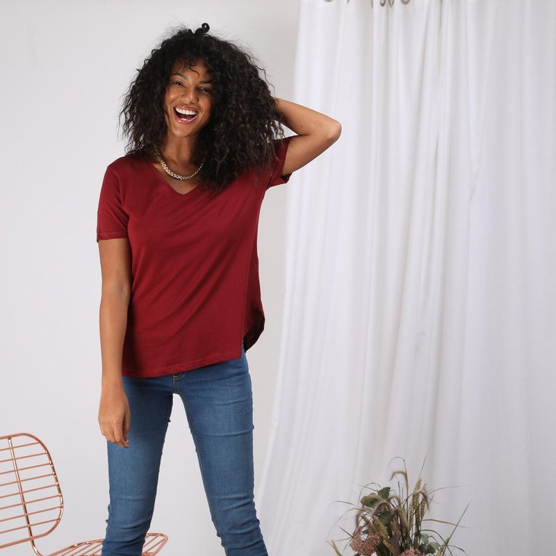 Tee-shirt col V manches courtes bas arrondi femme - Rouge Grenat en coton