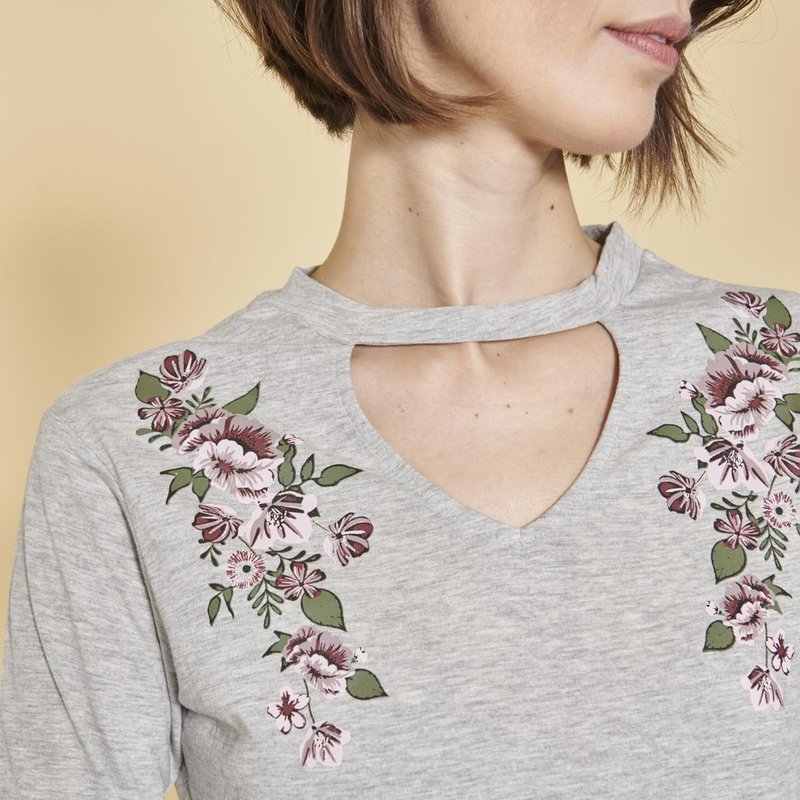 Tee-shirt ouverture en V manches longues élastiquées imprimé devant femme - gris chiné