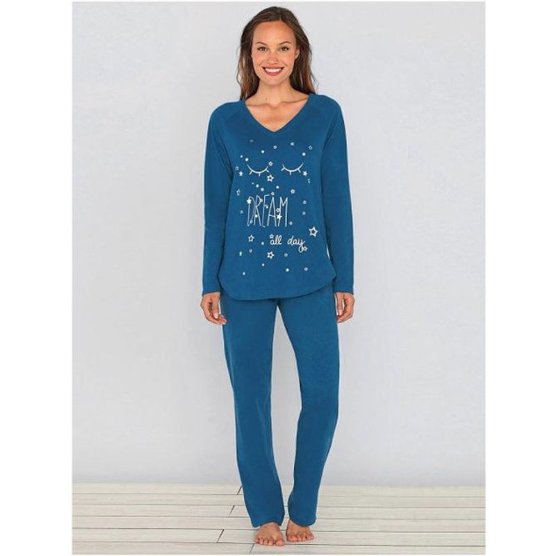 Pyjama tee-shirt asymétrique imprimé pantalon uni femme - Bleu Nuit